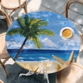 thumbnail image 3 of Beach Palm Round Fitted Table Cover Tree Summer Ocean Blue Sky Oil Painting Style Waterproof Table Cloth with Elastic Edge Wipeable Tablecloth for Picnic Camping Party Fits 36"-44" Diameter, 3 of 8
