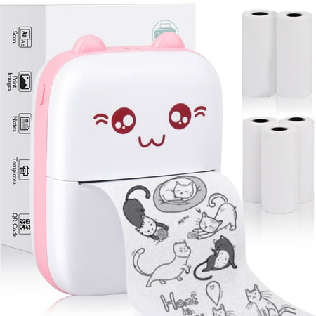 SANMADROLA Mini Pocket Printer, Gifts for kids, Portable Thermal Printer with 5 Rolls Paper for Label, Text Memo, Receipt, Sticker, Photo Printers, Wireless Bluetooth Printer for Android iOS APP, Pink