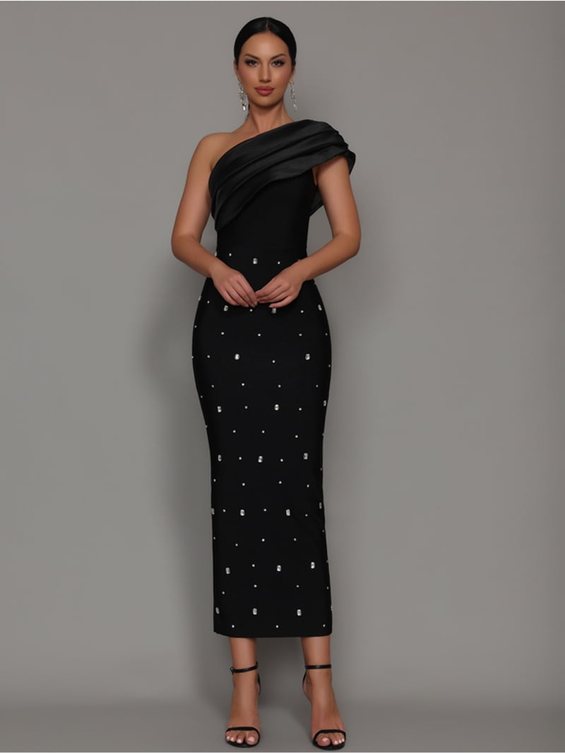 Women Celebrity Sexy One Shoulder Diamonds Black Maxi Long Bodycon Bandage Dress 2025 Elegant Evening Club Party Clothing Outfit Women Celebrity Sexy One Shoulder Diamonds Black Maxi Long Bodycon Bandage Dress 2025 Elegant Evening Club Party Clothing Outfit