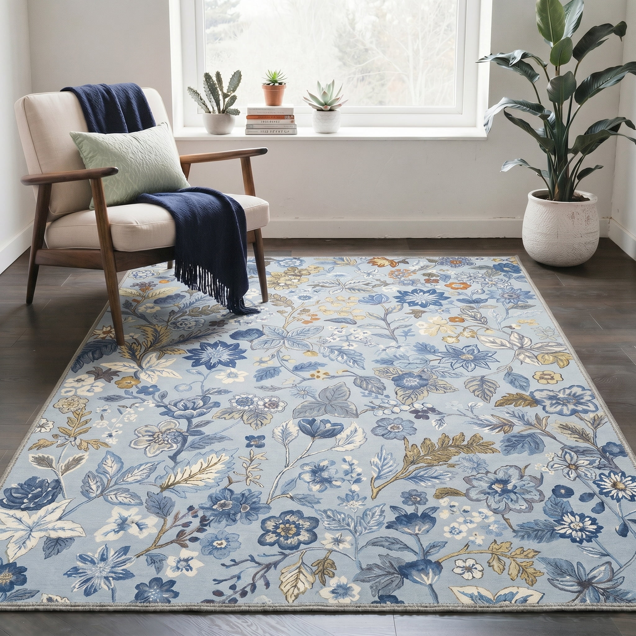 KUETH 8X10 Vintage Floral Area Rugs Machine Washable Rugs for Living Room, Non Slip Flat Pile Rug with Rubber Backing, Boho Rug for Entryway Bedroom Dining Room Home Office