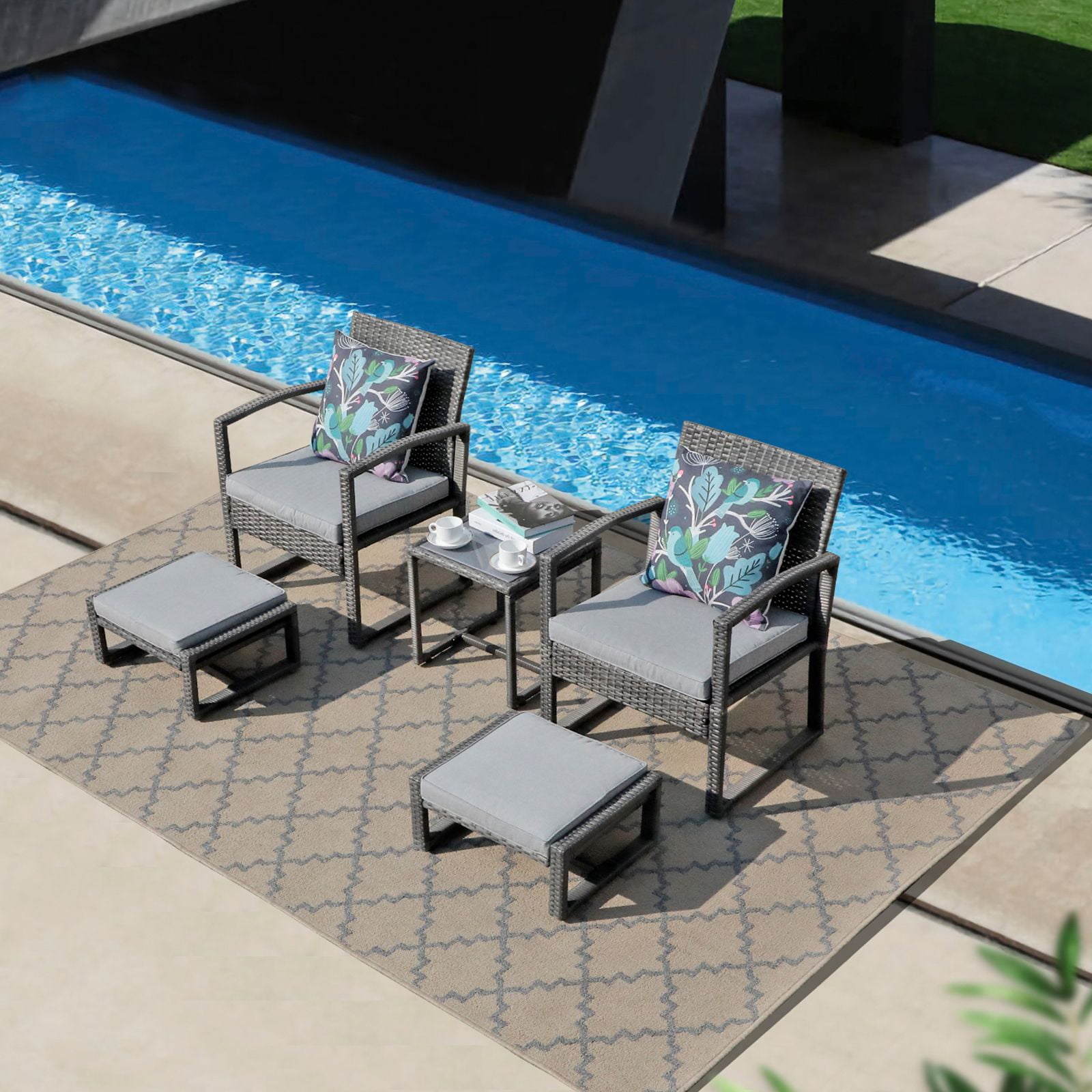 Patiorama 5 Piece Outdoor Patio 2 Seat Wicker Furniture Set with