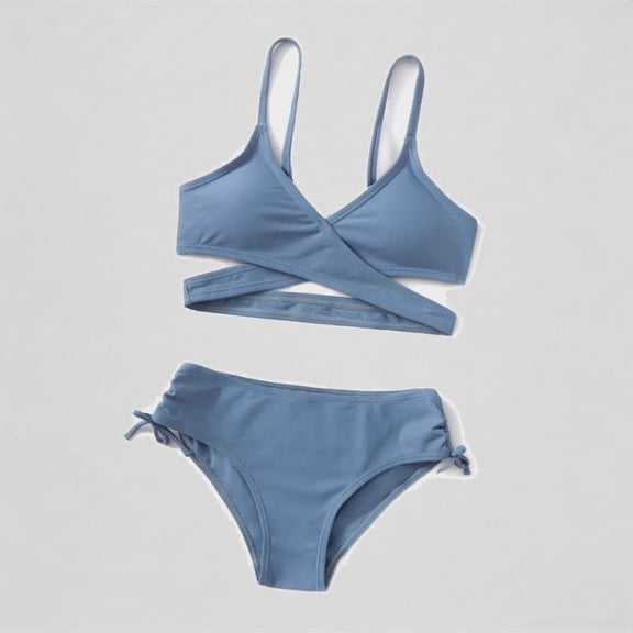 Krdevn Girls 2 Piece Bikini Set, Solid Crisscross Spaghetti Strap Top with Side Tie Bottoms for Beach Pool Summer,6-7 Years