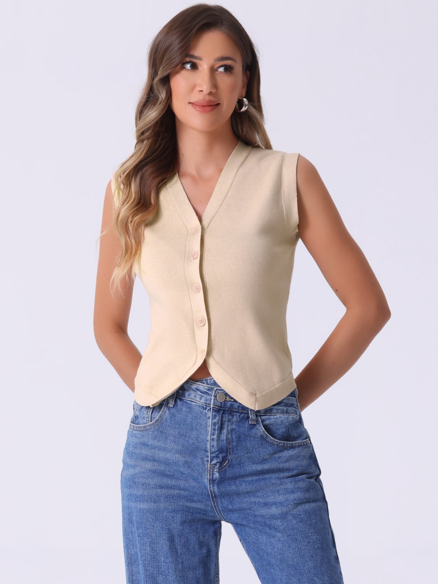 DARING DIVA Stylish Sleeveless V Neck Cropped Button Up Sweater Vest XL Apricot