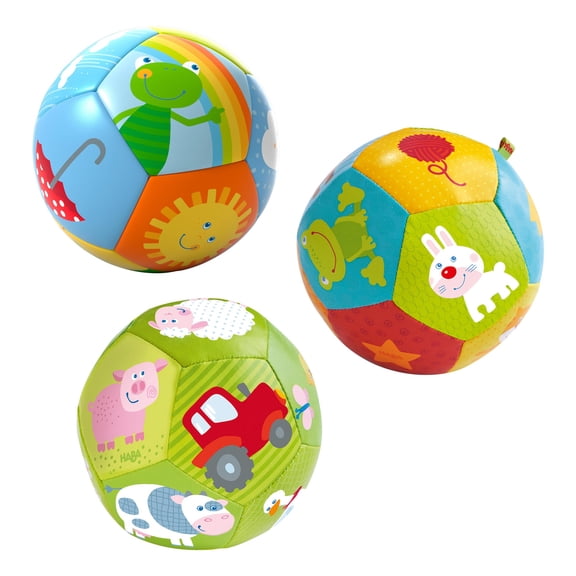 HABA Soft Baby Balls 3 Pack – On The Farm, Animal Babies, Rainbow Ball for Babies 6-12 Months