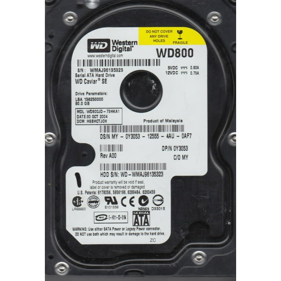 WD800JD-75HKA1, DCM HSBHCTJCH, Western Digital 80GB SATA 3.5 Hard Drive