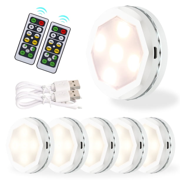 Luz de armario recargable por USB, paquete de 6 luces LED nocturnas con control táctil de brillo, focos LED de pared con 2 controles remotos inalámbricos, luces nocturnas para escaleras, vitrinas y ar