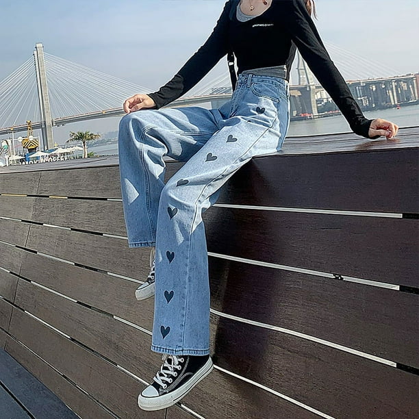 Pantalones vaqueros con estampado de corazón y pierna ancha para mujer, pantalones rectos con bolsillos y cintura alta, pantalones vaqueros holgados de estilo urbano, pantalones vaqueros
