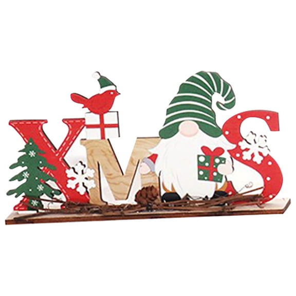 Christmas Wooden Tabletop Decoration Gnome Figurine with Xmas Lettering and Holiday Tree Ornament for Home Office Desk Shelf