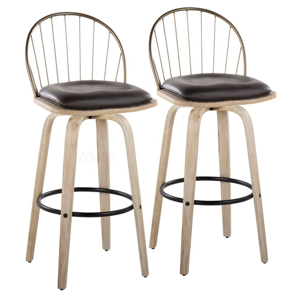 Set of 2 Industrial Bar Stools with Swivel and Faux Leather Seat, White Washed Wood and Copper Metal Kitchen Counter Height Stools