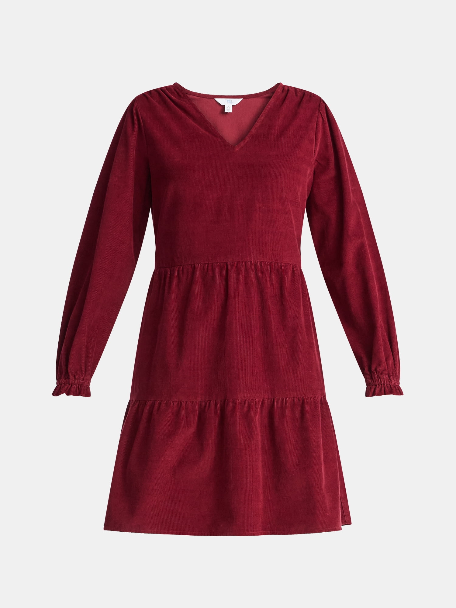 Time and Tru Women's Tiered Corduroy Dress with Long Sleeves, Sizes XS-XXXL