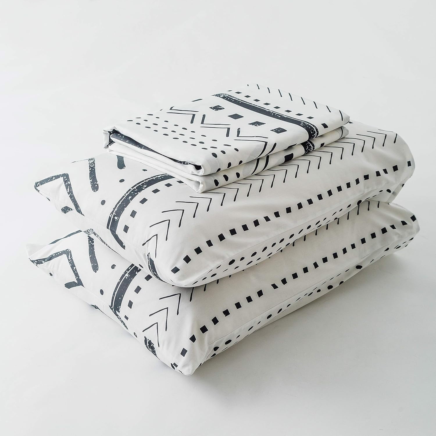 BBSET 3 Pcs Queen Boho Duvet Cover, Black Geometric Pattern Printed on White Bohemian Comforter Cover Bedding Set