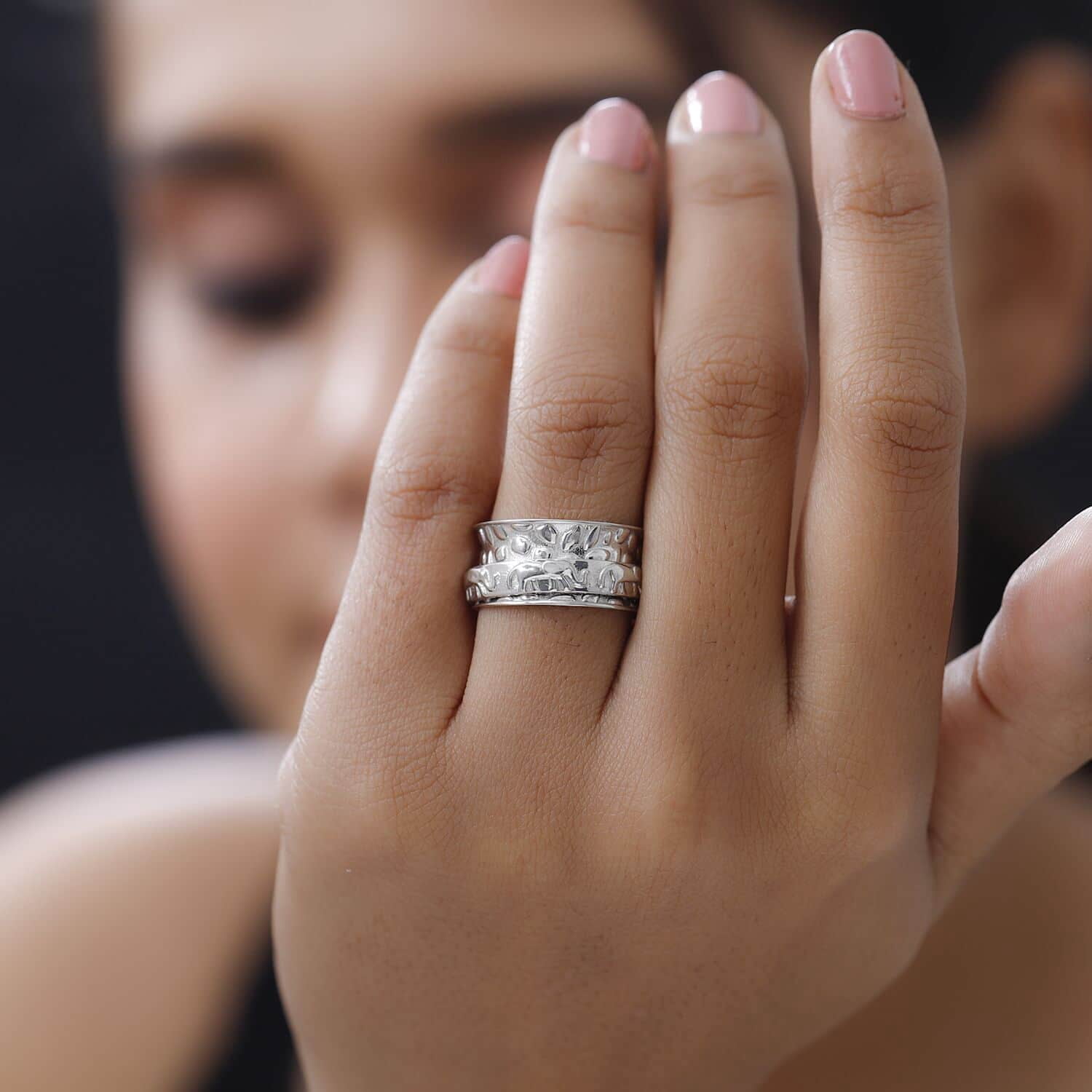 Shop LC Sterling Silver Floral Engraved Spinner Ring – Boho Oxidized Anxiety Relief Fidget Jewelry For Women, Stress Relieving Gift 12 thumbnail image