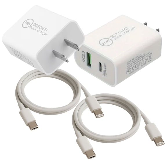 FAST CHARGING 20W WALL CHARGER SET, USB-C/USB-A UNIVERSAL POWER ADAPTER WITH 2 PD USB-C TO LIGHTING CABLES.