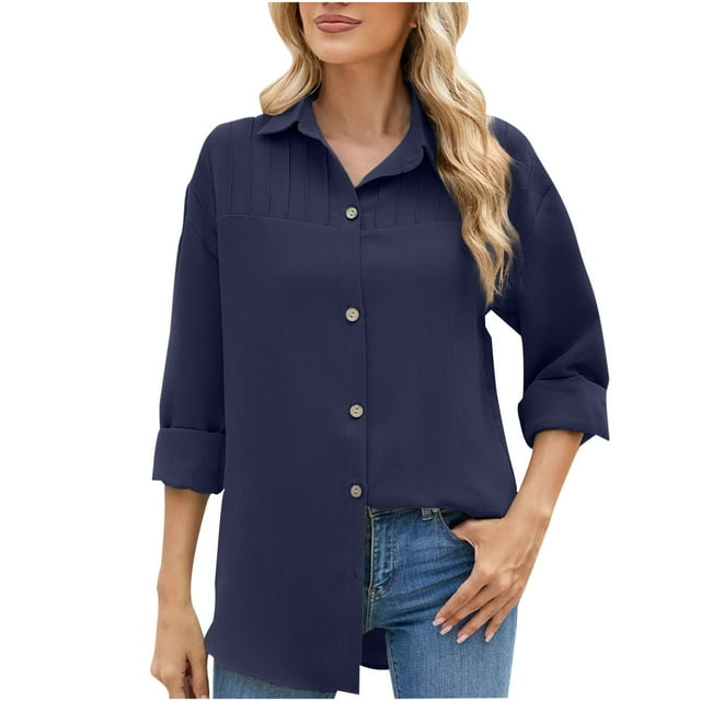 Timegard Shirts for Women Long Sleeve Lapel Neck Button up Solid Color Blouse Work Casual Loose Top Fall