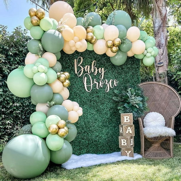 AcnA Kit de arco de globos, Decoración de fiesta verde oliva Globos verdes de látex con globos, Globos dorados para decoración de safari en la jungla, Fiesta de cumpleaños, Boda, Graduación Reutilizab