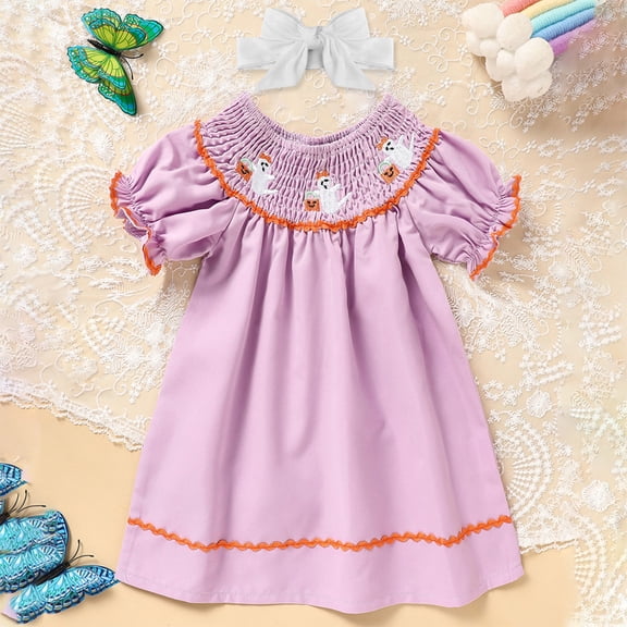 Zehjuhan Baby Girl's Adorable Party Dress with Pumpkin Embroidery & Bow Ruffle Sleeve Holiday Outfit Purple，3-6M
