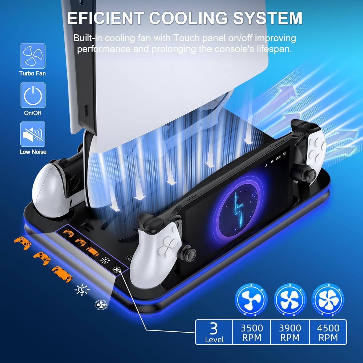 All in One Cooling Stand & Charger Station for PS5/Slim/Pro Console and Controller Charing Dock, Charging Stand for PlayStation Portal, Headset and Remote Holder with RGB Light Stand (Black)