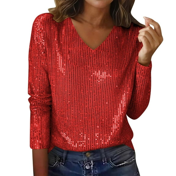 Lenpel Sequin Tops for Women Casual Loose Long Sleeve V Neck Sparkly Glitter T-Shirts Shinny Party Tee Blouses(Red,X-Large)