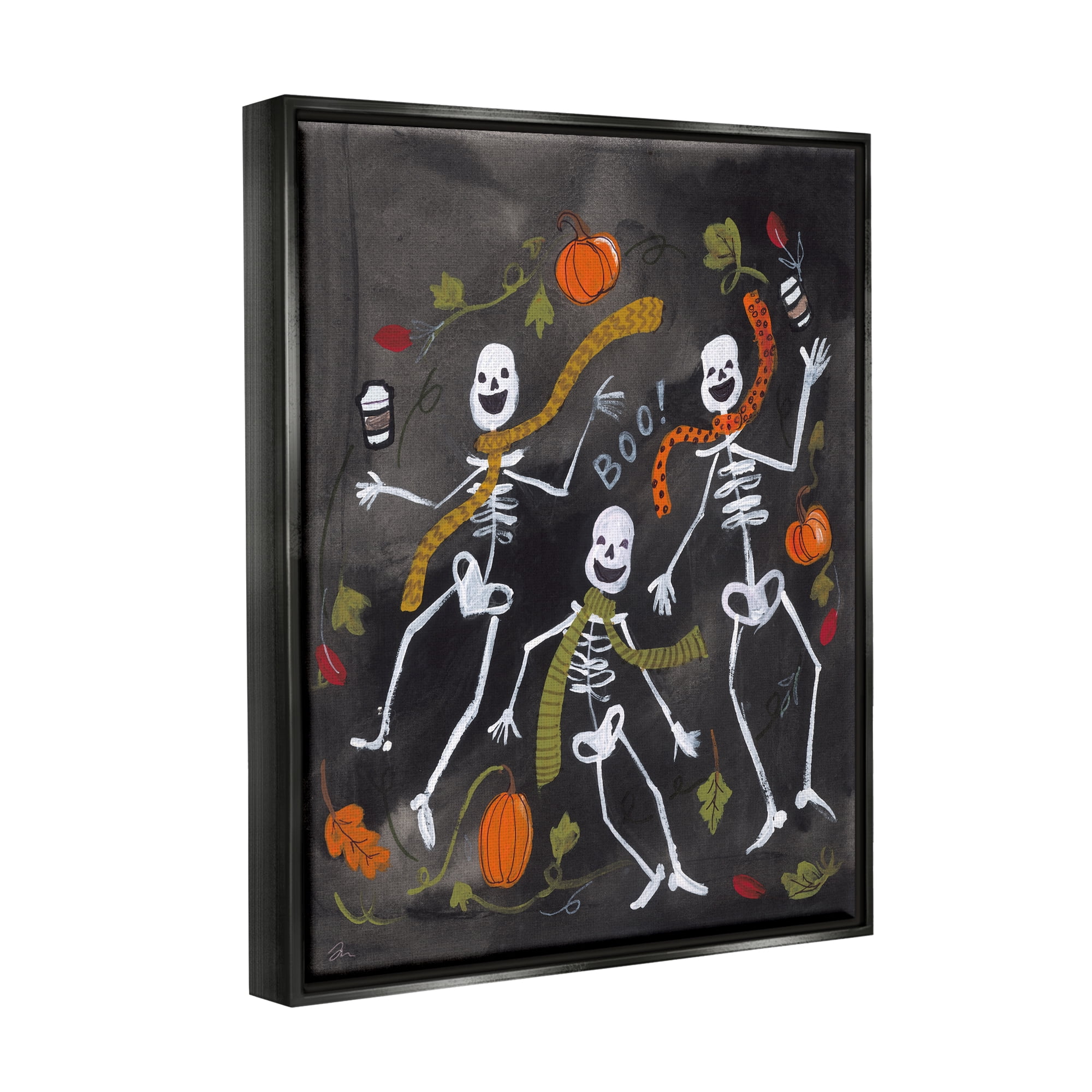 Stupell Industries Autumn Skeletons with Coffee Holiday Painting Black Floater Framed Art Print Wall Art, 25 x 31
