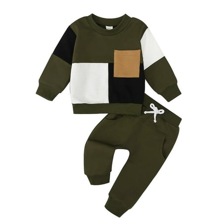 

Toddler Baby Boy Fall Clothes Color Block Long Sleeve Sweatshirt Top and Jogger Pants Sweatsuit Outfits Clothing Set
