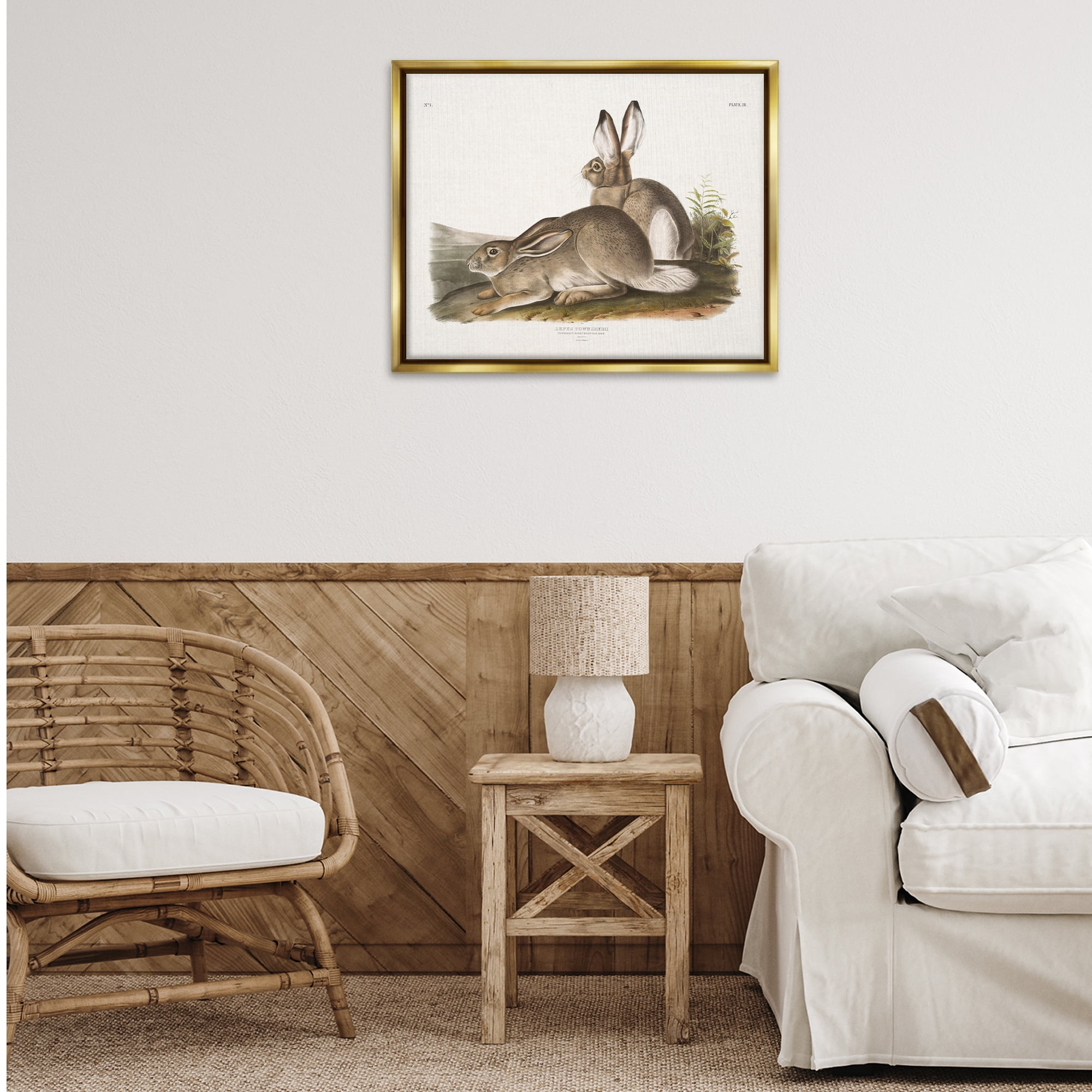 Stupell Industries Traditional Cottage Hare Animals & Insects Painting Gold Floater Framed Canvas Art Print Wall Art, 31 x 25