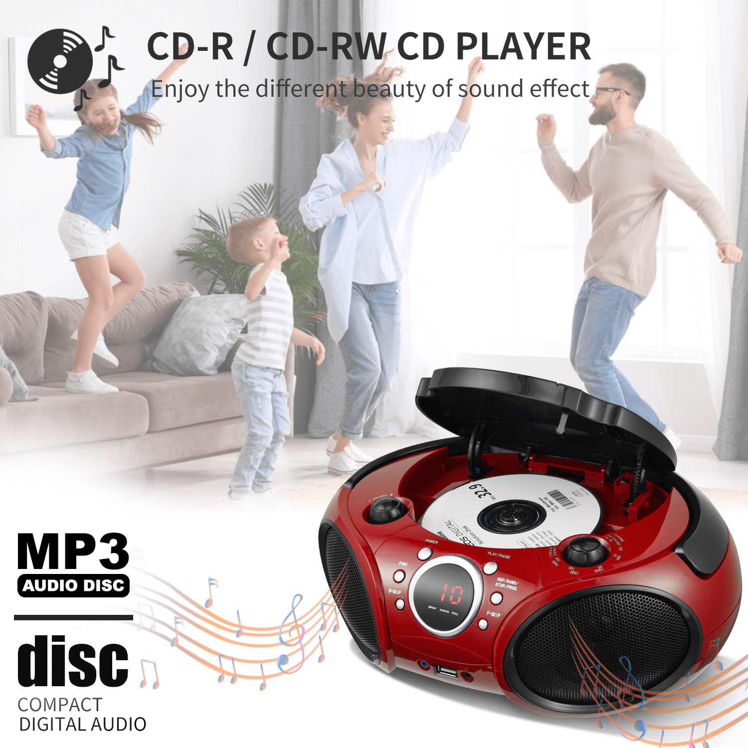 singing wood Portable CD, MP3-CD, USB, Bluetooth AM/FM Stereo Boombox, Firemist Red