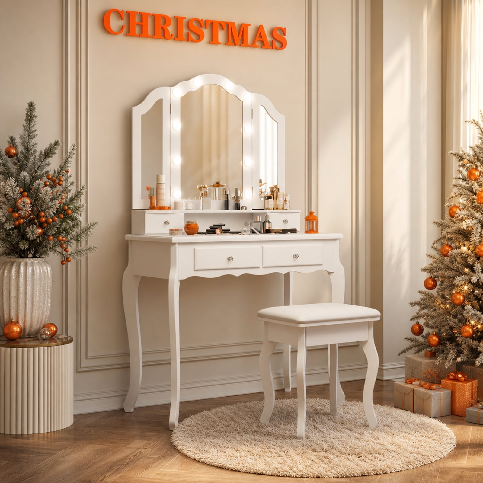 Furnibear Makeup Vanity Table Set with Lighted Mirror and Drawers for Bedroom Makeup Dressing Room Vanity Desk Mirror Set, White