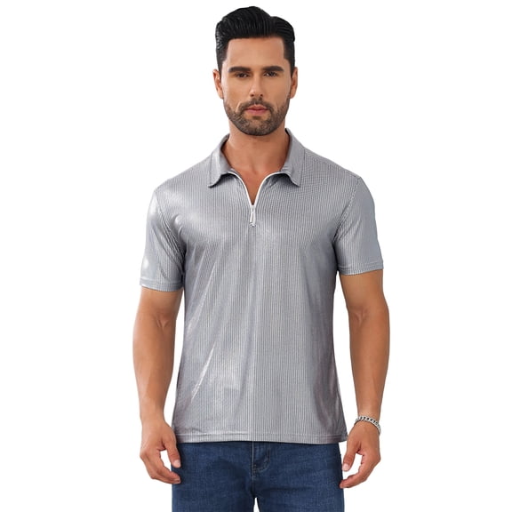 Mens Shirt 70s Zip Polo Shirts Short Sleeve Shiny Shirt Disco Outfits Party Costume Top