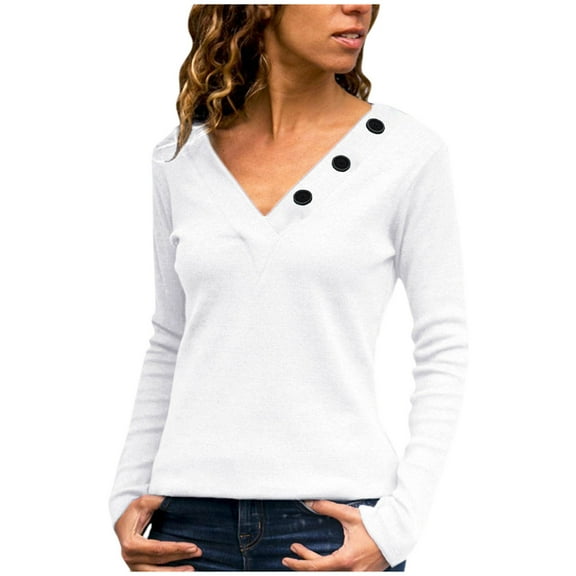 HAiming Women's V Neck Long Sleeve Tops Solid Color Basic Shirts Fall Winter Plus Size Casual Pullover Button Blouse