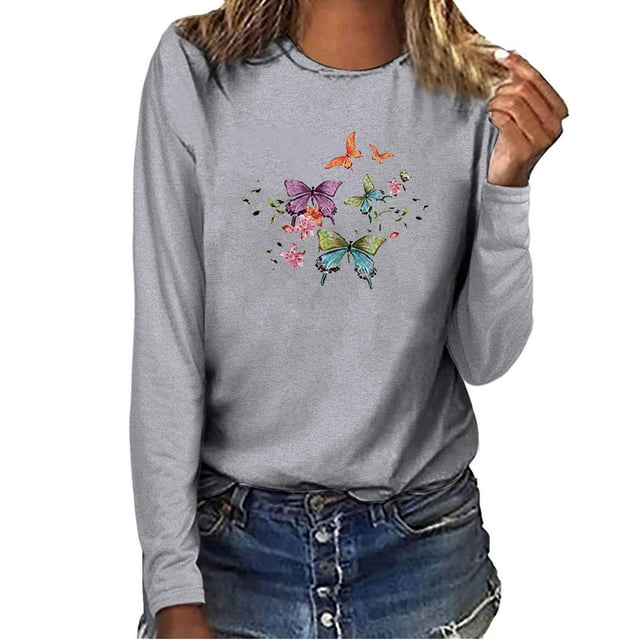 Nouveaux Hauts pour Femmes 2023 Imprimés Décontractés Amples Col Rond Grande Taille Manches Longues T-shirt Blouse
