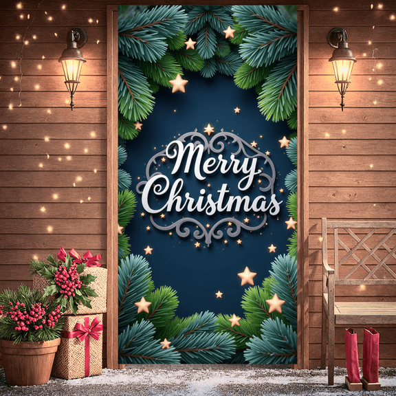 Decorative Design Christmas Banner Green Fir Golden Stars Merry Celebration for Holiday Party Indoor Decoration Winter Festivities