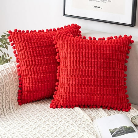 

MIULEE Red Corduroy Decorative Throw Pillow Covers Pack of 2 Pom-pom Soft Boho Striped Pillow Covers Modern Farmhouse Home Decor for Sofa Living Room Couch Bed 16x16 inch