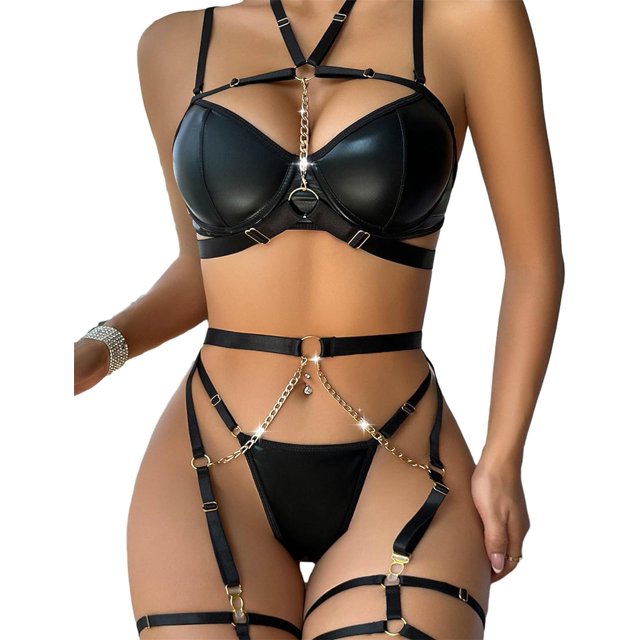 Sexy Pu Leather Strappy Underwire Garter Belt Lingerie Set