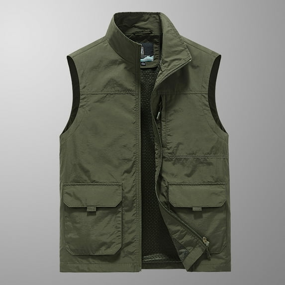Lilgiuy Men's Workwear Vest Solid Color Thin Stand Collar Sleeveless Jacket Cargo Tank Tops with Pocket Army Green