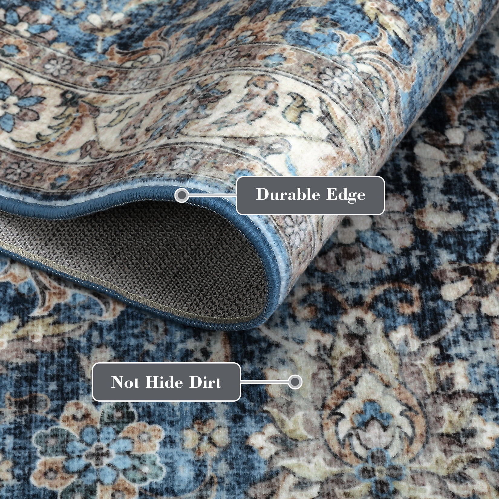 Haperlare 5'x7' Vintage Floral Area Rug Soft Oriental Carpet, Washable Rug Non Slip TPR Backing Low Pile Rugs for Living Room Bedroom Home Office, Blue