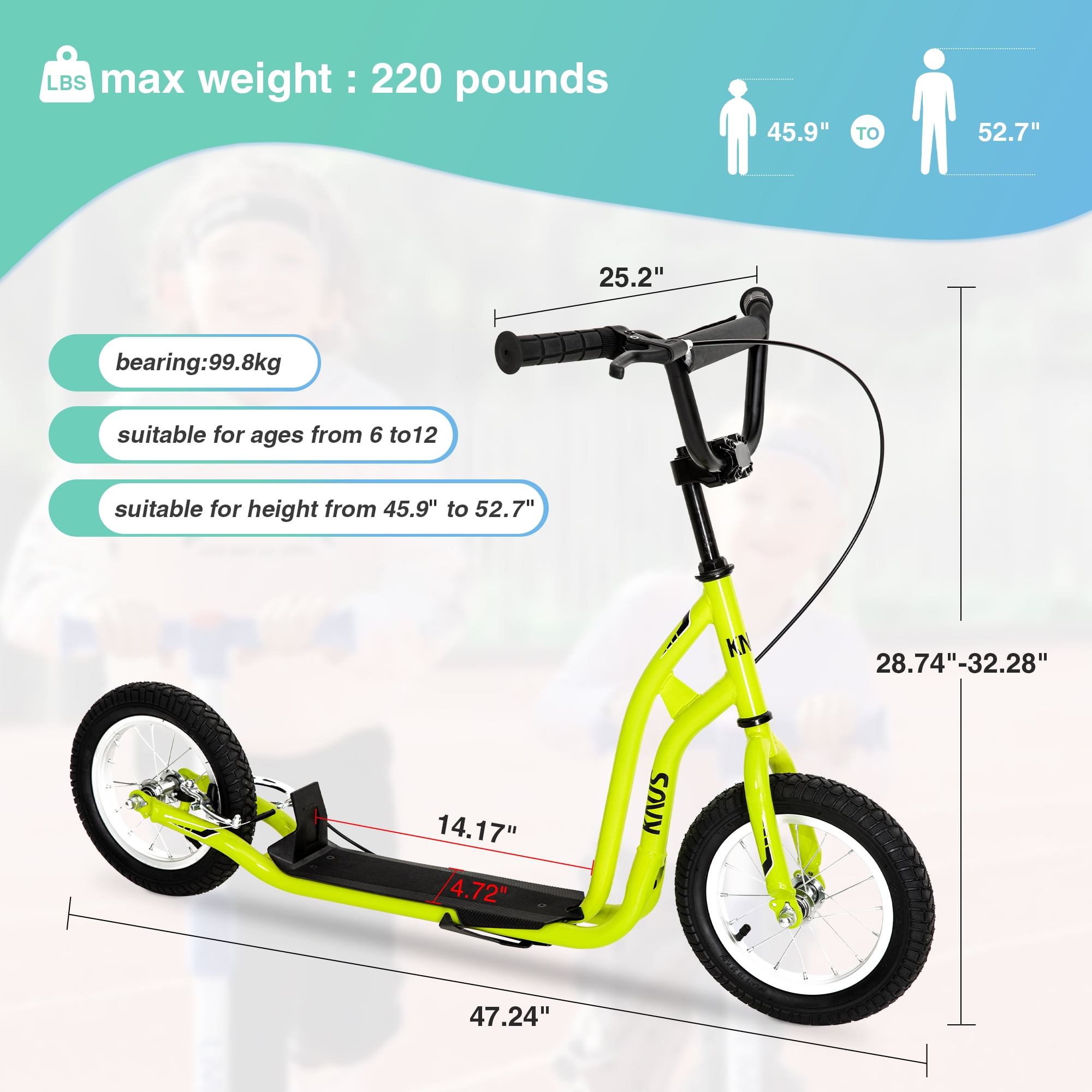 CIPACHO Youth Scooter Kick Scooter for Kids 5+ with Adjustable Handlebar 12" Front and Rear Dual Brakes Inflatable Wheels, Yellow CIPACHO Youth Scooter Kick Scooter for Kids 5+ with Adjustable Handlebar 12" Front and Rear Dual Brakes Inflatable Wheels, Yellow