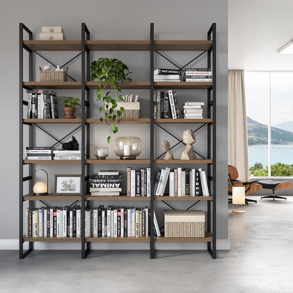 Davee Brown Walnut Color 6-Tiers Industrial Style Bookcase