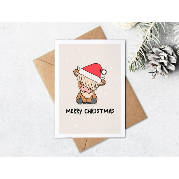 Cute Highland Cow Christmas Card – "Merry Christmas" Festive Design – Envelope Included, Blank Inside – Perfect Holiday Greeting for Friends and Family