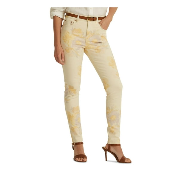 LAUREN RALPH LAUREN Womens Yellow Zippered Pocketed Skinny Ankle Floral High Waist Jeans 4