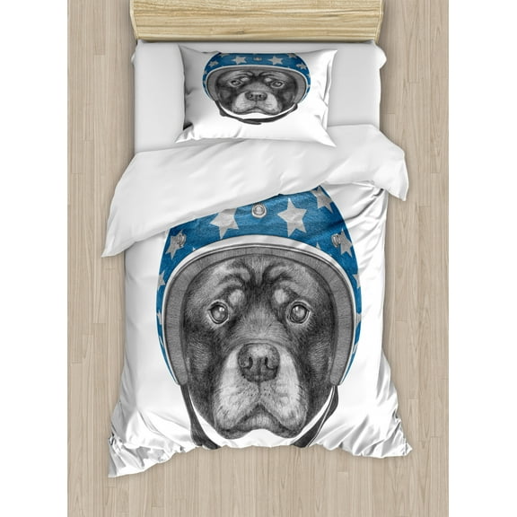 Rottweiler Duvet Cover Set Twin Size, Funny Animal Artwork Dog Illustration in a Starry Hard Hat Graphic, 2 Piece Bedding Set with 1 Pillow Sham, Pale Grey Sea Blue Grey, by Ambesonne