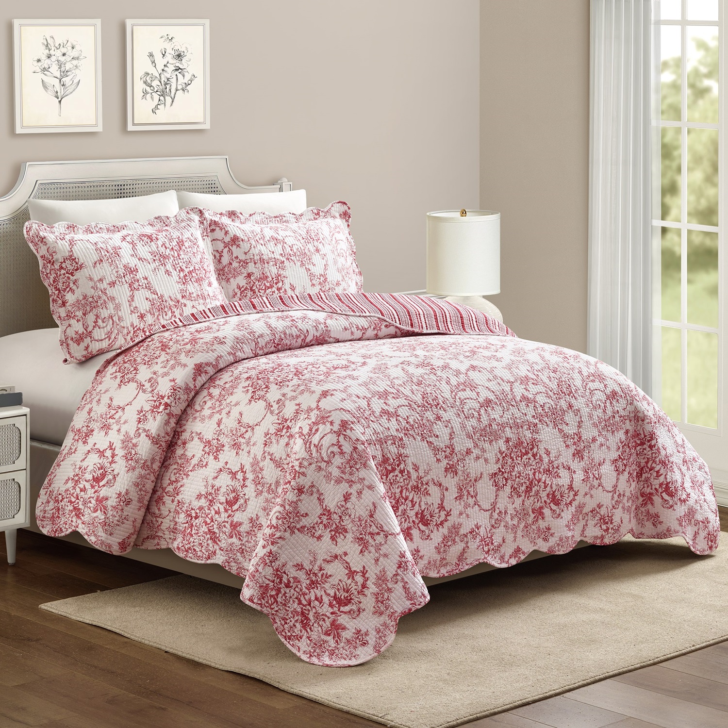 Modern Heirloom Garden Toile Red 3-Piece Reversible Quilt Set, King