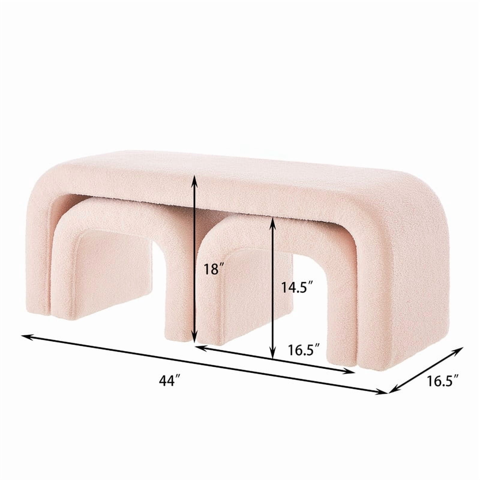 3-Piece Ottoman Bench Set, 44" Upholstered End of Bed Bench with 2 Nesting Stools, Teddy Fabric Entryway Bench, Modern Footrest & Extra Seating for Living Room Bedroom,Pink