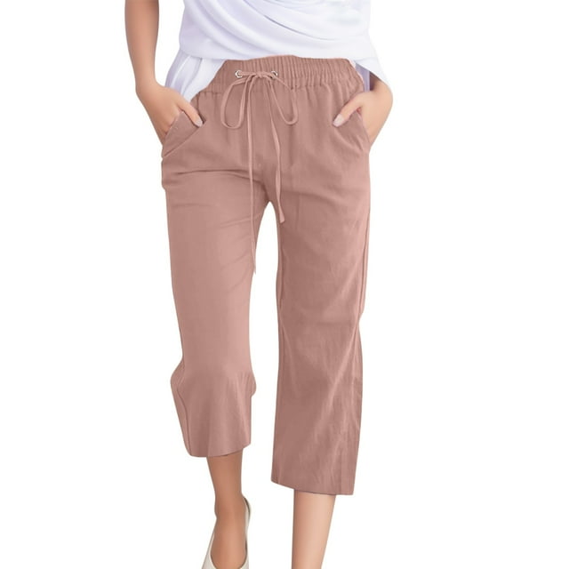 Pantalones de cintura alta y pierna ancha con cordón para mujer - Pantalones rectos elásticos de poliéster con bolsillos