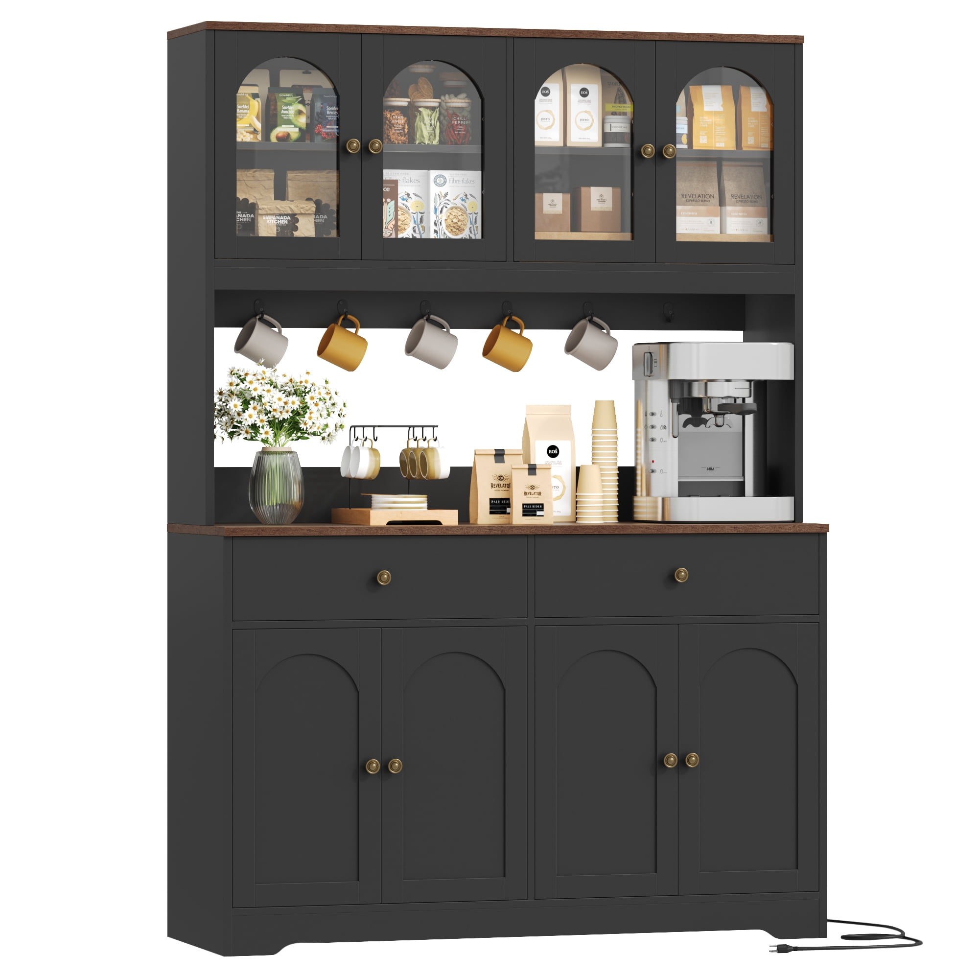 Homfa 71" Kitchen Pantry with LED Lights and Charging Station, Freestanding Kitchen Cupboard with Storage and Microwave Stand, Floor Cabinet for Dining Living Room, Black