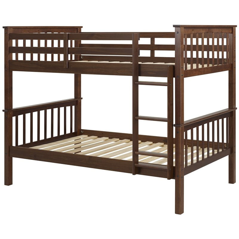 Solid Pine Wood Twin Over Twin Bunk Bed in Walnut
