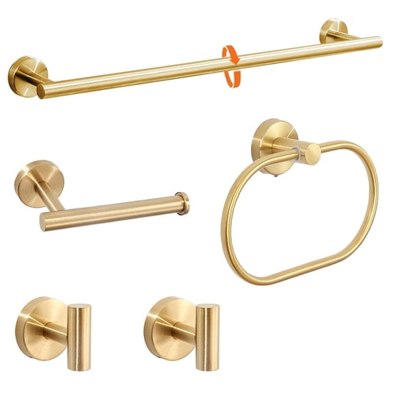 XMZHOU 5 Pcs Bathroom Hardware Set, Stainless Steel Wall Mounted Bathroom Towel Rack Set,No Need Drill Installation Towel Bar, Toilet Towel Paper Holder, Towel Ring&Robe Towel Hooks, Gold