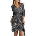 thumbnail image 1 of Birdeem Robe Mode Femme Décontractée Col en V Unie Slim à Sequins Manches Longues, 1 of 1