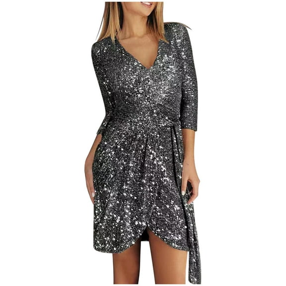 BLTIBY 2025 Women Sequin Dress Solid Color V Neck Sparkly Glitter Spaghetti Strap Sleeveless Short Party Night Out Club Fashion Dress Black XXL