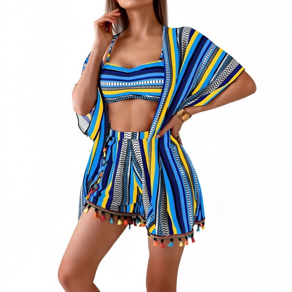 Levmjia Women's Four Piece Swimsuit Set Tassel Sunscreen Cover Up High Waisted Swimwear Sun Protection For Beach Vacation Pool Party