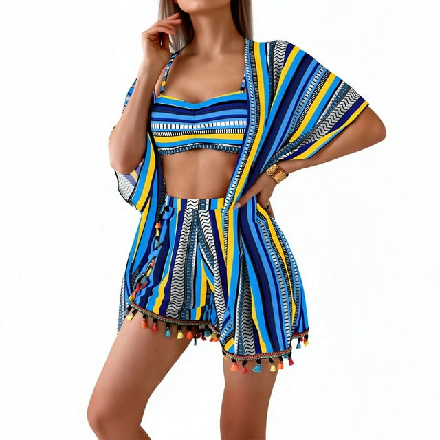 RXMEKW Ensemble de Maillot de Bain de Protection Solaire avec Pompons pour Femmes 4 Pcs Polyester Décontracté Longueur Régulière